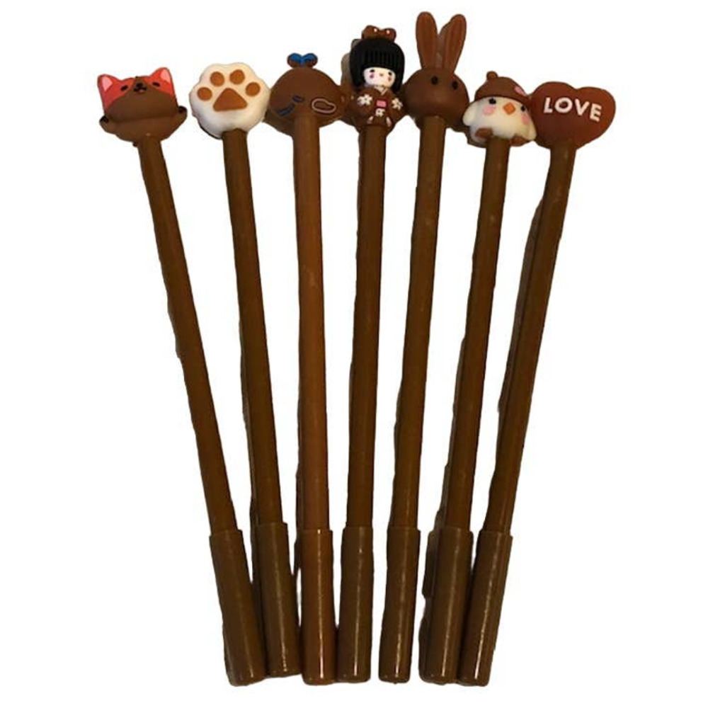 Brown 7 pc Black Gel Roller Ball Ink Pen Set (0.5mm tip) + Pouch